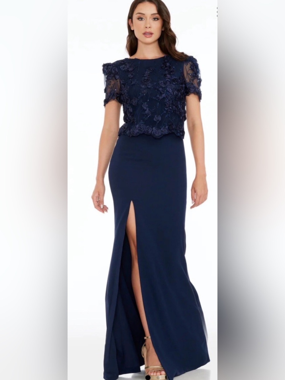 Dress the Population Navy Blue Floral Appliqué Maxi Dress Sz S NWOT